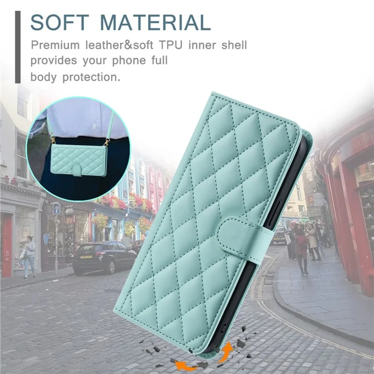 For Xiaomi 14 Pro Case Rhombus Grid Stand Phone Cover with Crossbody Lanyard - Mint Green