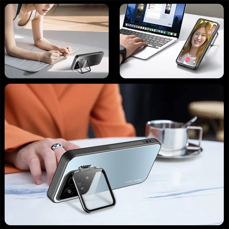For Xiaomi 14 Case Lens Guard Kickstand PC+TPU Phone Cover Support Magnetic Car Mount - Silver