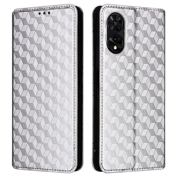 For TCL 505 T509K / T5094 Case Rhombus Pattern Leather Stand Folio Flip Phone Cover - Silver