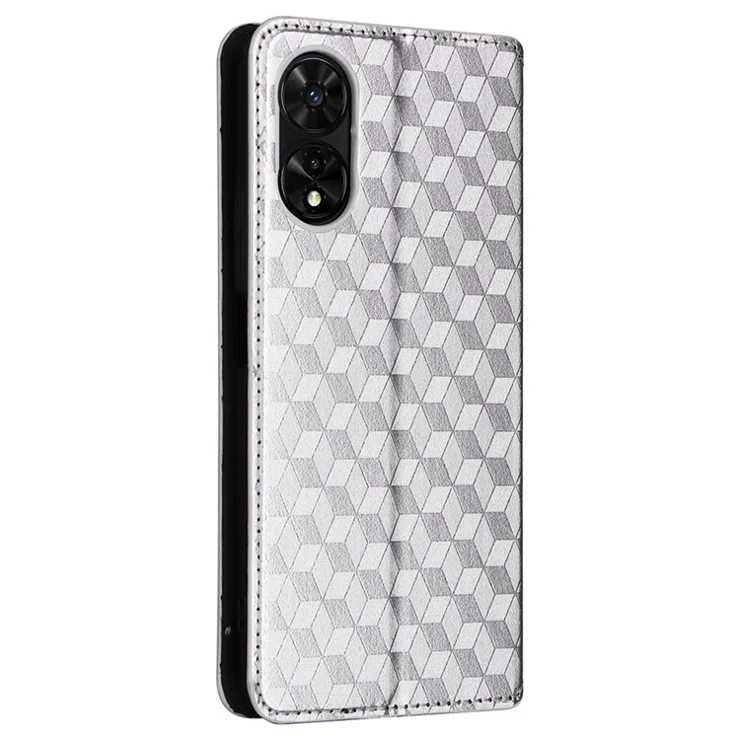 For TCL 505 T509K / T5094 Case Rhombus Pattern Leather Stand Folio Flip Phone Cover - Silver
