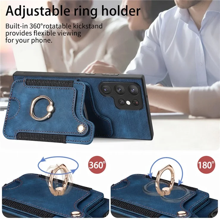 D4 For Samsung Galaxy S22 Ultra 5G Case RFID Blocking Card Holder Retro Style Cover - Blue