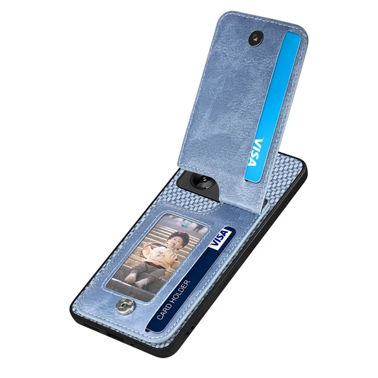 C1-03 For Xiaomi Redmi Note 13 Pro+ 5G Case Zipper Pocket Vertical Kickstand Carbon Fiber Phone Cover - Blue