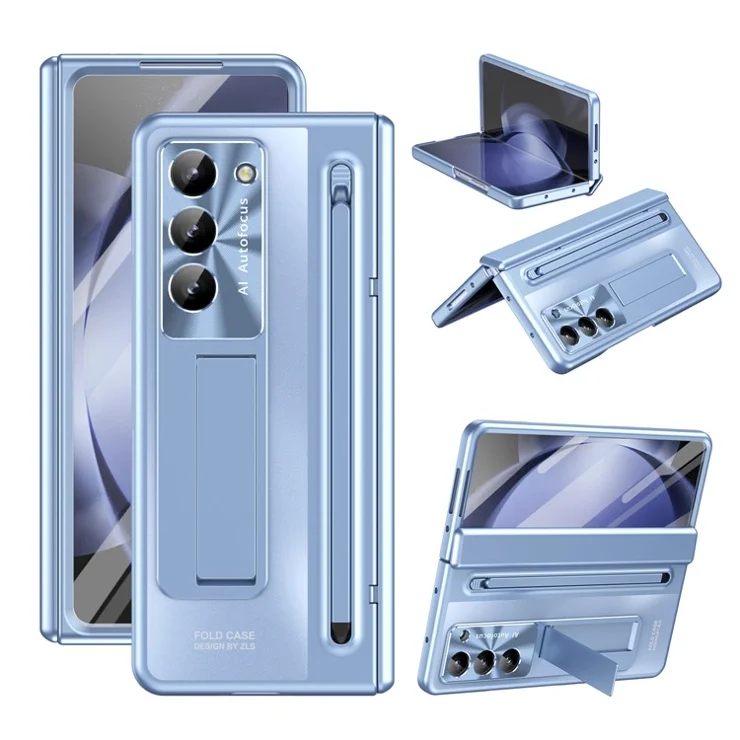 For Samsung Galaxy Z Fold5 5G Case Hinge PC Kickstand Phone Cover with Tempered Glass Film / Stylus - Blue