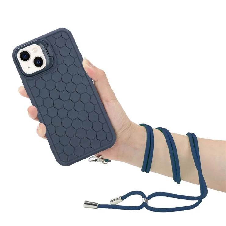 For iPhone 13 6.1 inch Case with Lanyard Soft TPU Heat Dissipation Back Shell - Dark Blue