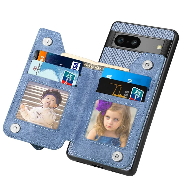 C1-04 For Google Pixel 7a Case Zipper Kickstand Leather Carbon Fiber Texture Back Cover - Blue