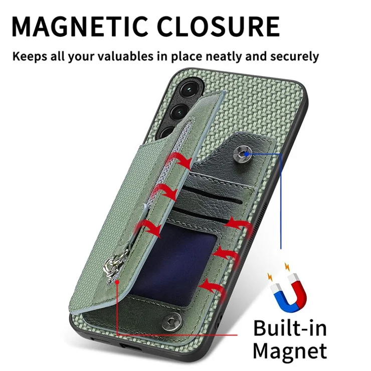 C1-04 For Samsung Galaxy A15 4G / 5G Case Zipper Pocket Kickstand Leather Back Cover - Green