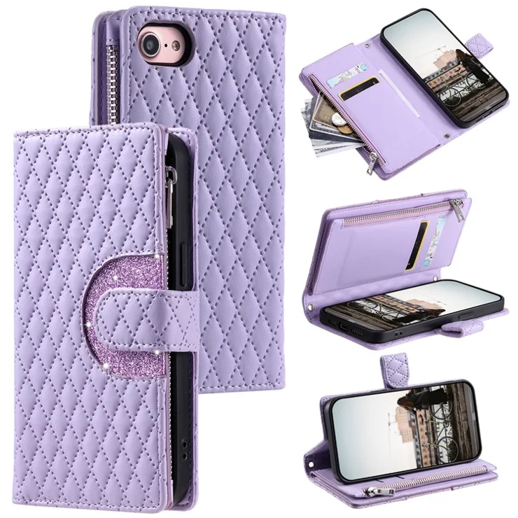 Style 012 for iPhone 7 / 8 / SE (2020) / SE (2022) Leather Case Rhombus Glitter Zipper Wallet Phone Cover - Purple