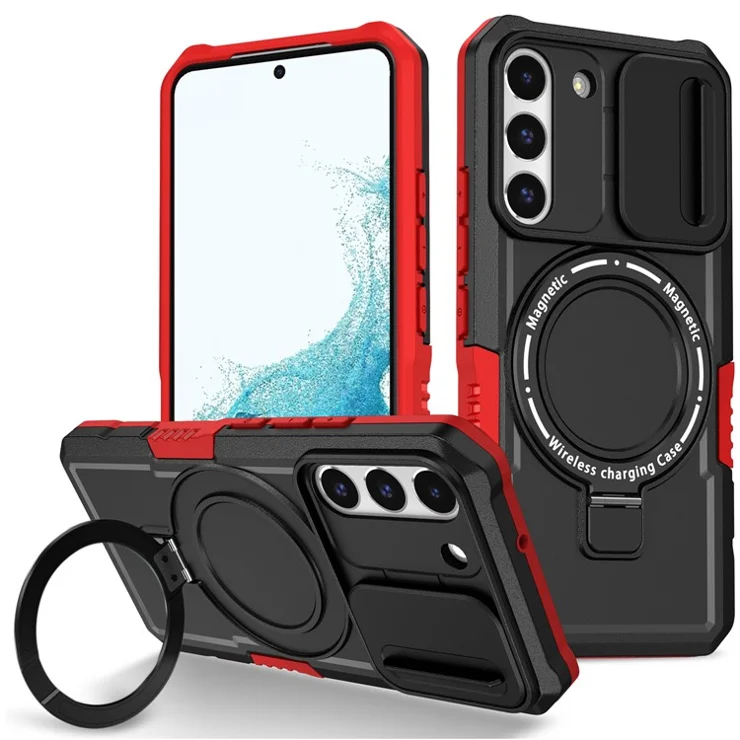 For Samsung Galaxy S22+ 5G kickstand Case PC+TPU Magnetic Phone Shell with Lens Cover - Red / Black