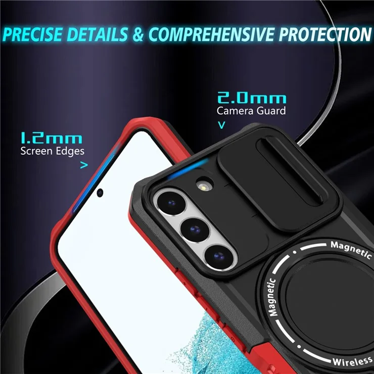 For Samsung Galaxy S22+ 5G kickstand Case PC+TPU Magnetic Phone Shell with Lens Cover - Red / Black