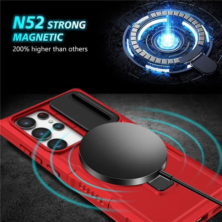 For Samsung Galaxy S22 Ultra 5G Magnetic Phone Case PC+TPU Slide Lens Window Kickstand Shell - Red