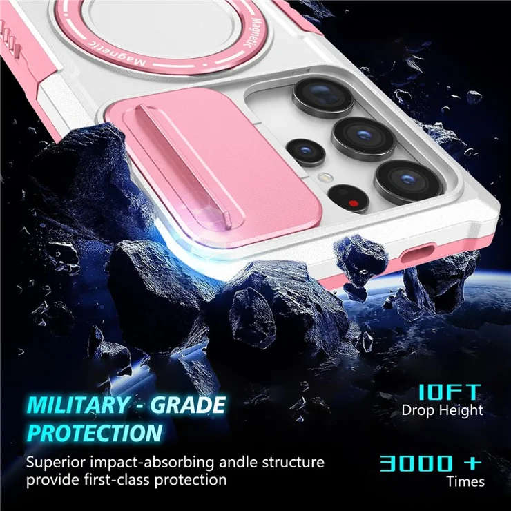 For Samsung Galaxy S24 Ultra Case PC+TPU Phone Cover with Lens Lid Compatible with MagSafe - Pink / White