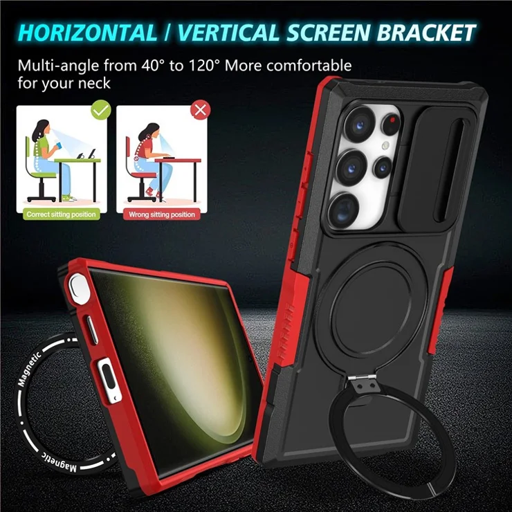 For Samsung Galaxy S24 Ultra Case PC+TPU Phone Cover with Lens Lid Compatible with MagSafe - Red / Black