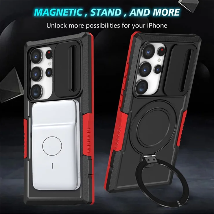 For Samsung Galaxy S24 Ultra Case PC+TPU Phone Cover with Lens Lid Compatible with MagSafe - Red / Black
