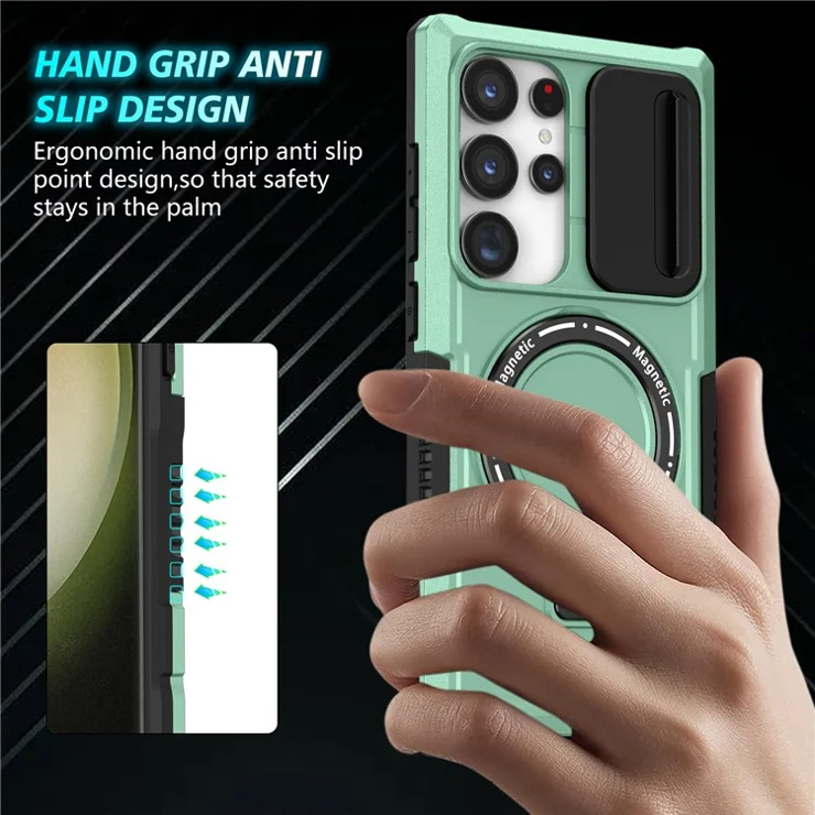 For Samsung Galaxy S24 Ultra Case PC+TPU Phone Cover with Lens Lid Compatible with MagSafe - Light Green