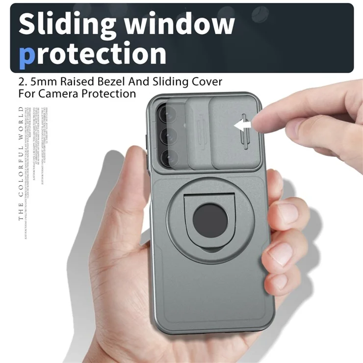 For Samsung Galaxy A34 5G Case Slide Camera Window TPU+PC Magnetic Phone Cover - Grey