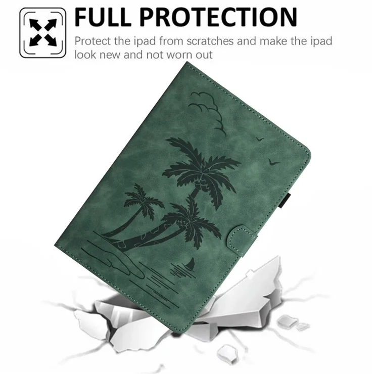 For Samsung Galaxy Tab S9 (X710 X716B X718U) / S10 FE / S9 FE (X510 / X516B) Card Holder Case Coconut Tree Imprinted Leather Tablet Cover - Green
