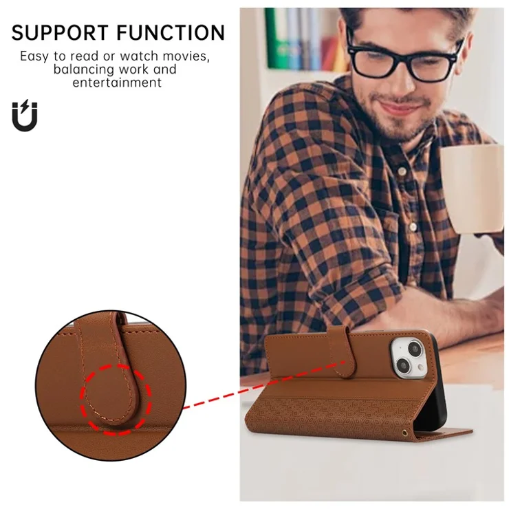 R20 for iPhone 14 Plus Wallet Case PU Leather Splicing Rhombus Cell Phone Cover - Brown