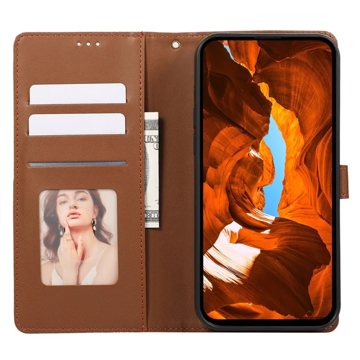R20 for iPhone 14 Plus Wallet Case PU Leather Splicing Rhombus Cell Phone Cover - Brown