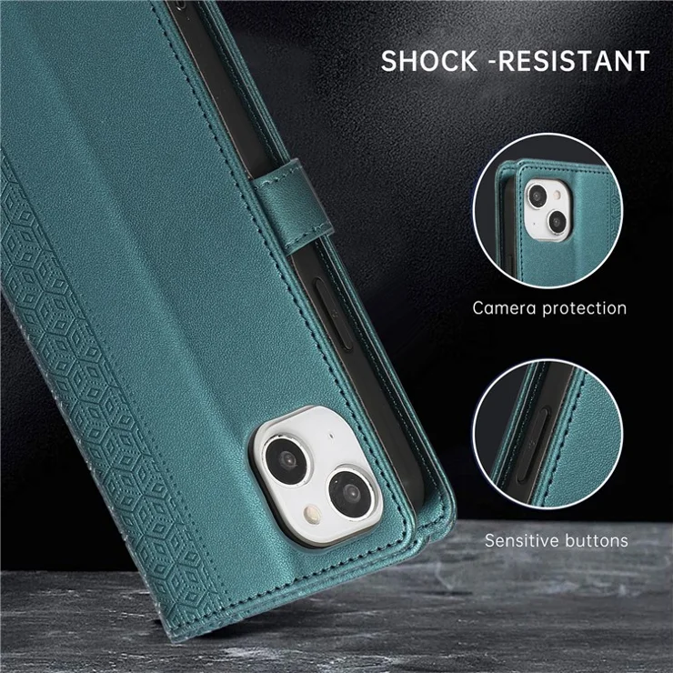 R20 for iPhone 14 Plus Wallet Case PU Leather Splicing Rhombus Cell Phone Cover - Green