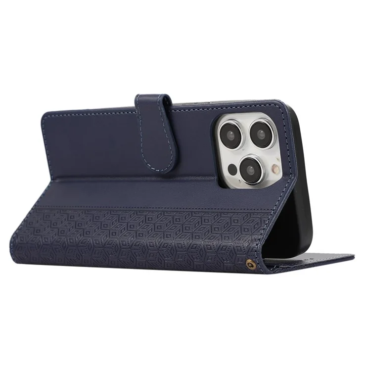 R20 for iPhone 13 Pro Max Leather Case Splicing Imprinted Rhombus Phone Wallet Anti-scratch Cover - Blue