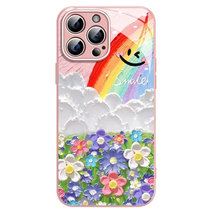 For iPhone 13 Pro Cover Smile Rainbow Pattern TPU+Tempered Glass Phone Cover - Pink