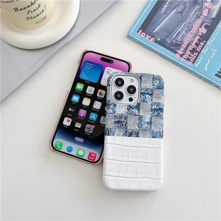 For iPhone 13 Pro Max Phone Case Crocodile Texture Splicing Retro PU Leather+PC Phone Cover - White