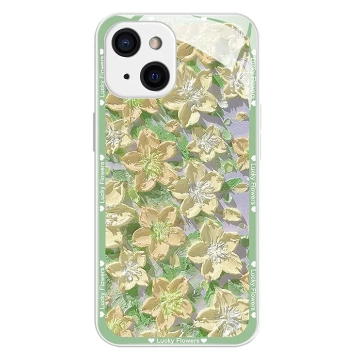 For iPhone 14 Tempered Glass Case Oil Painting Flowers Pattern TPU Frame Phone Cover - Yellowgreen Flower / Silver White