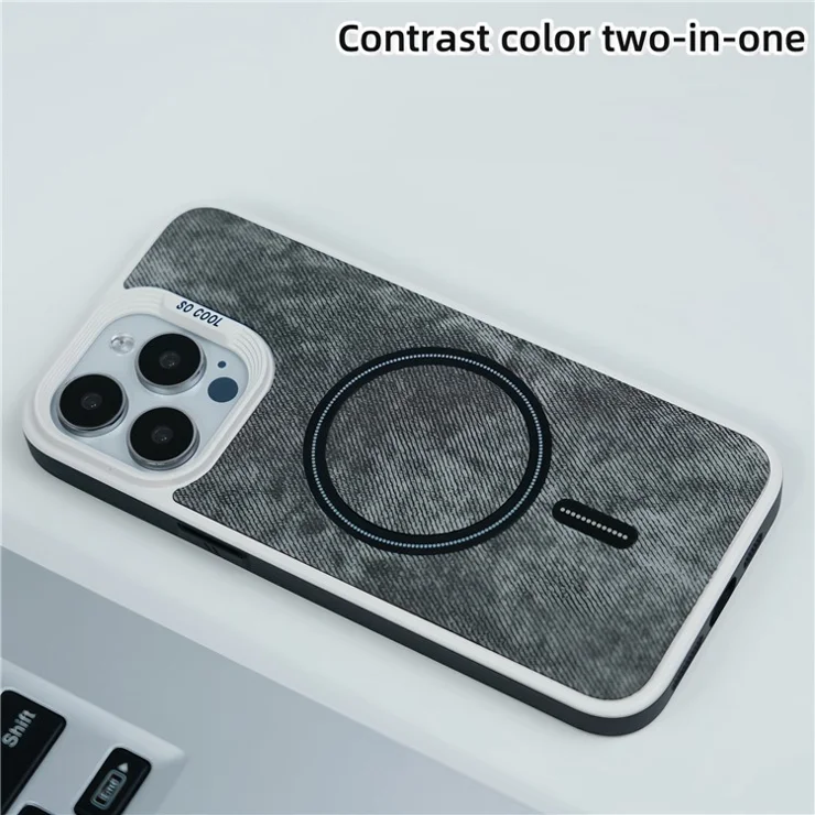 For iPhone 14 Pro Max Magnetic Phone Case Denim Cloth Texture Leather Coated PC+TPU Cover - Grey