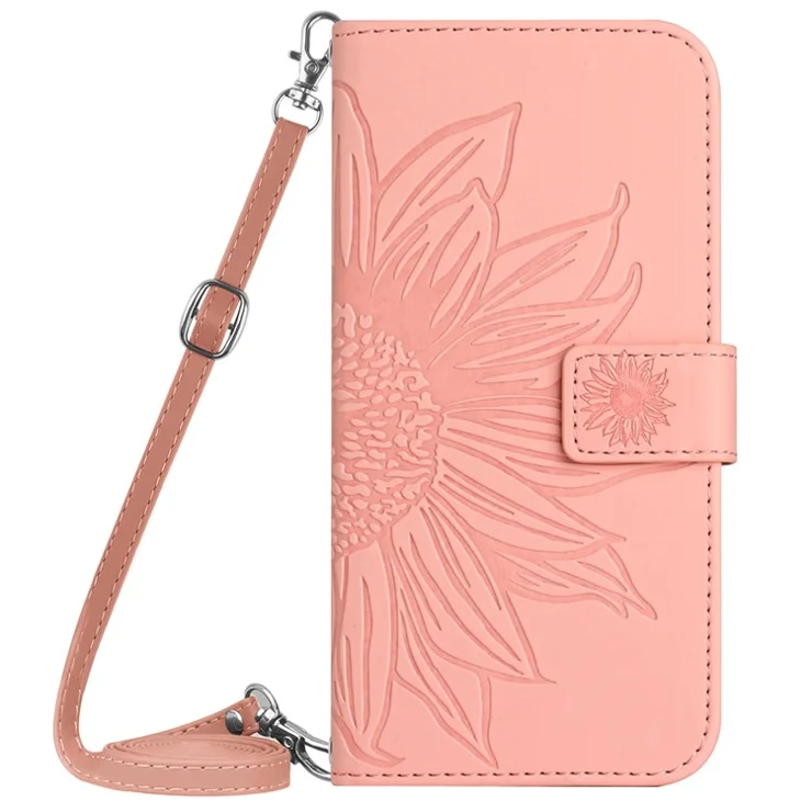 HT04 For Sony Xperia 10 VI Case Sunflower Leather Magnetic Flip Phone Cover with Shoulder Strap - Light Pink
