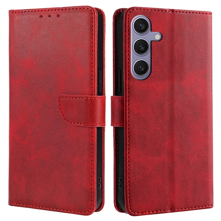 For Samsung Galaxy S24+ Leather Case Calf Texture Magnetic Clasp Wallet Stand Cover - Red