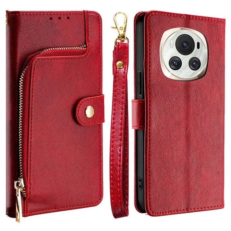 For Honor Magic6 5G Case Zipper Pocket Wallet Leather Phone Cover - Red