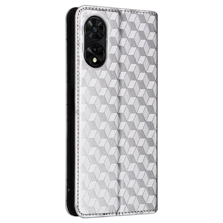 For TCL 50 5G Wallet Case Rhombus Pattern Magnetic Closing Leather Phone Cover - Silver