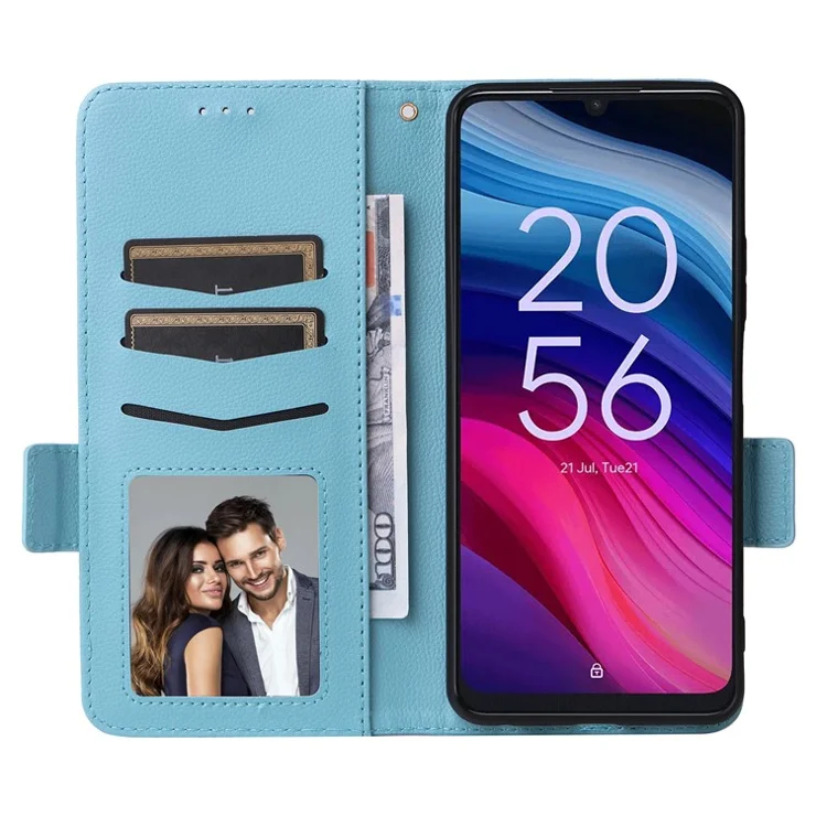For TCL 50 5G Case with Wrist Strap Litchi Texture PU Leather Wallet Phone Cover - Baby Blue