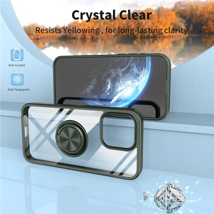 For iPhone 15 Pro Max Clear Case Rotating Kickstand TPU+PC Anti-drop Phone Cover - Green