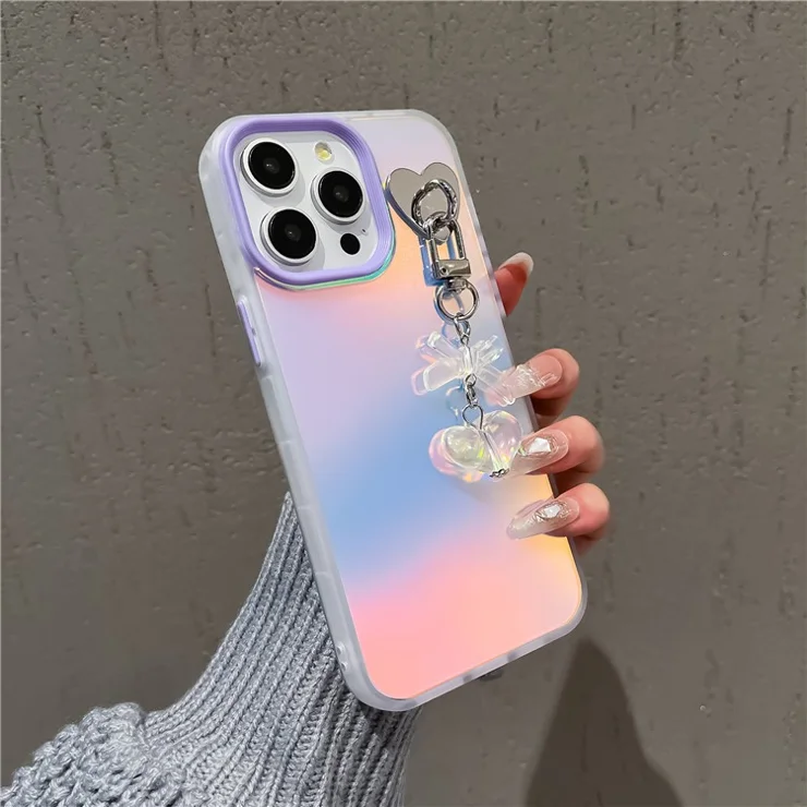 For iPhone 14 Pro Max Phone Case Heart Bowknot Pendant Laser Effect PC+TPU Cover - Purple