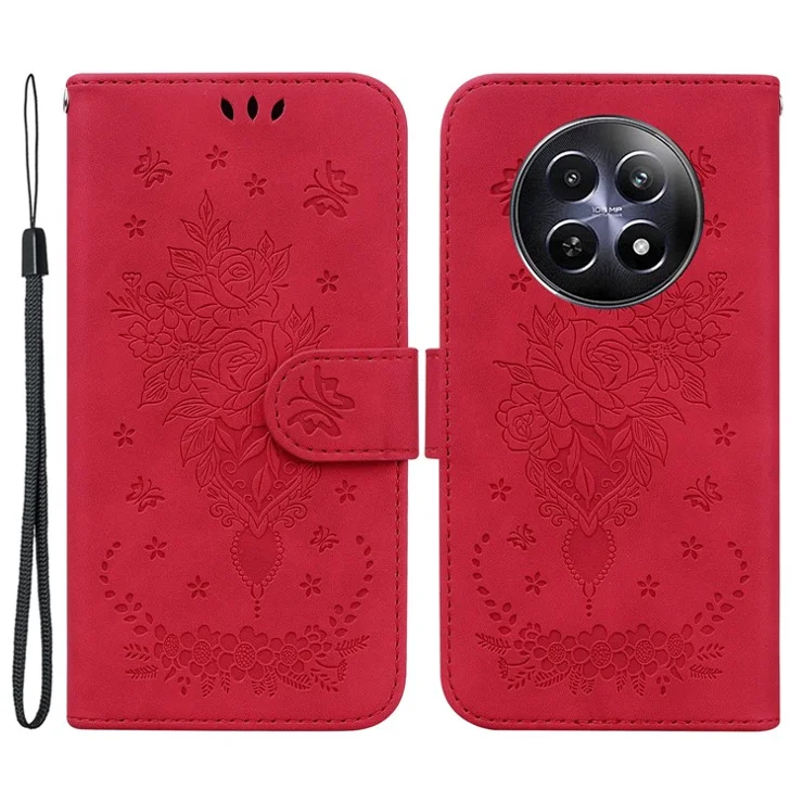 For Realme 12 5G / 12x 5G Wallet Case Flower Pattern Imprinted Leather Phone Cover - Red