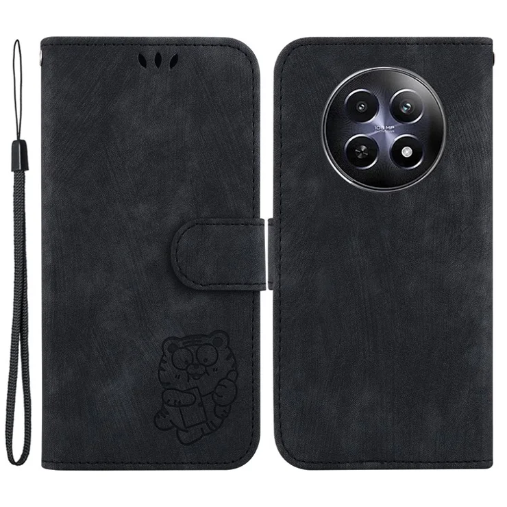 For Realme 12 5G / 12x 5G Wallet Case Cute Tiger Pattern Leather Phone Stand Cover - Black