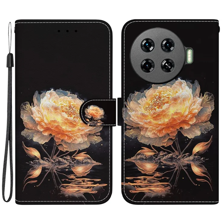 For TECNO Spark 20 Pro+ Wallet Case Pattern Printed Leather Flip Phone Cover - Gold Peony