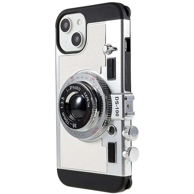 For iPhone 15 Plus Phone Case Vintage Style Camera Design Bump Proof Shell with Crossbody Strap - White