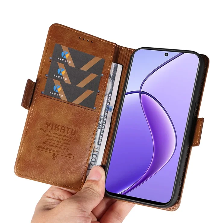YIKATU YK-007 For Realme 12 5G Leather Phone Cover Magnetic Side Clasps Protective Case - Brown