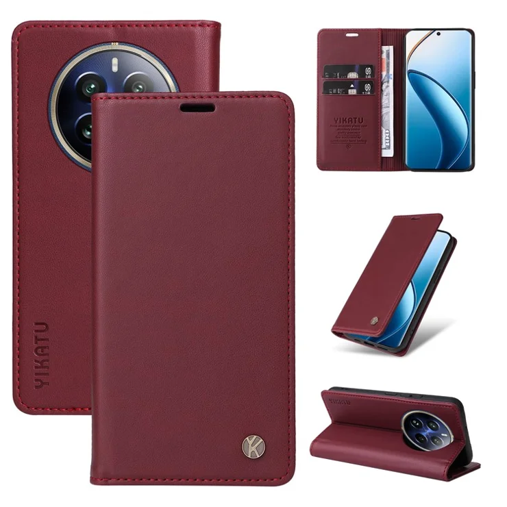 YIKATU YK-001 For Realme 12 Pro 5G / 12 Pro+ 5G Wallet Case Leather Folio Flip Phone Cover - Wine Red