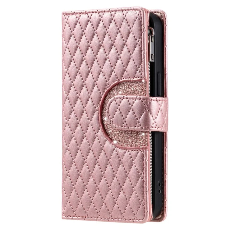 Style 012 for Motorola Moto E14 4G / G04 4G / G04s 4G / G24 4G Case Glitter Design PU Leather Phone Cover with Zipper Pocket - Rose Gold