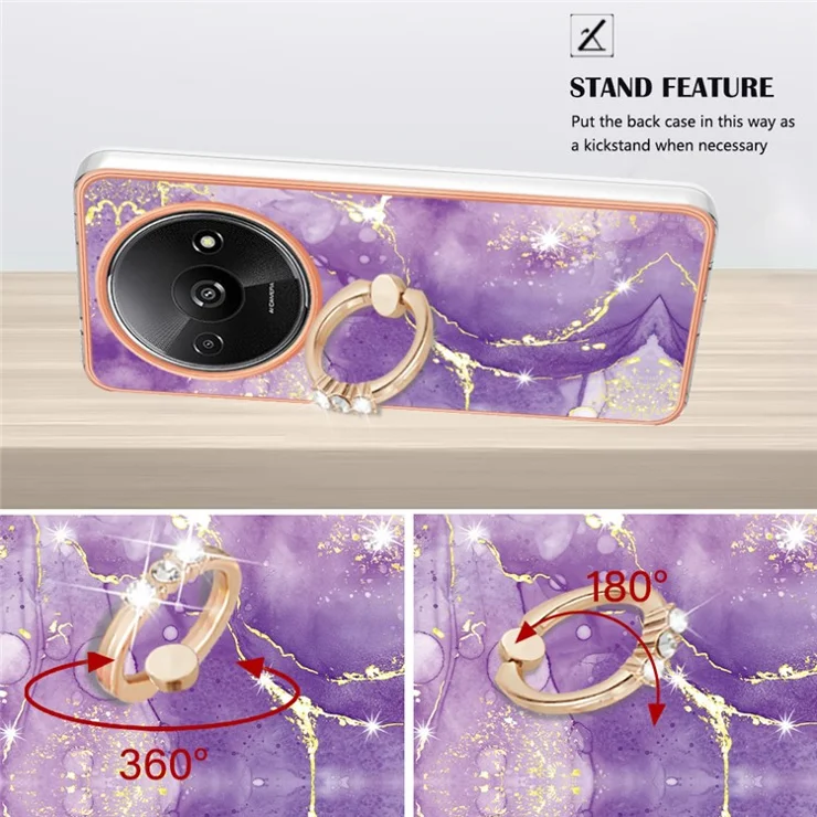 For Xiaomi Redmi A3 / Poco C61 4G Case with Ring Kickstand Marble Pattern Electroplating TPU Back Cover - Purple 002