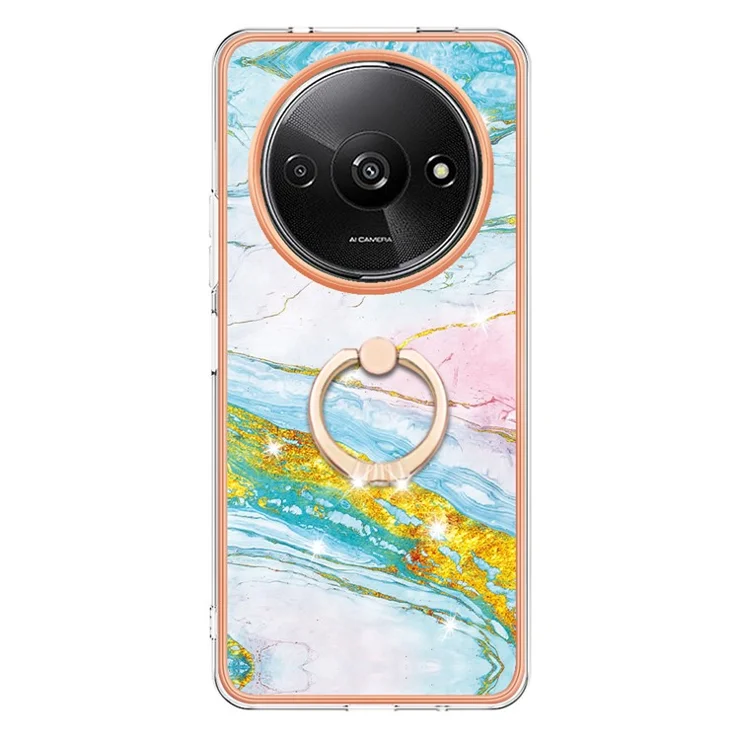 For Xiaomi Redmi A3 / Poco C61 4G Case with Ring Kickstand Marble Pattern Electroplating TPU Back Cover - Green 004