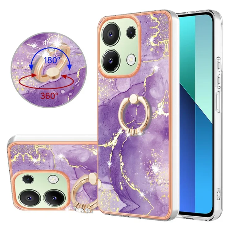 For Xiaomi Redmi Note 13 4G Case with Ring Kickstand Marble Pattern Electroplating TPU Back Cover - Purple 002