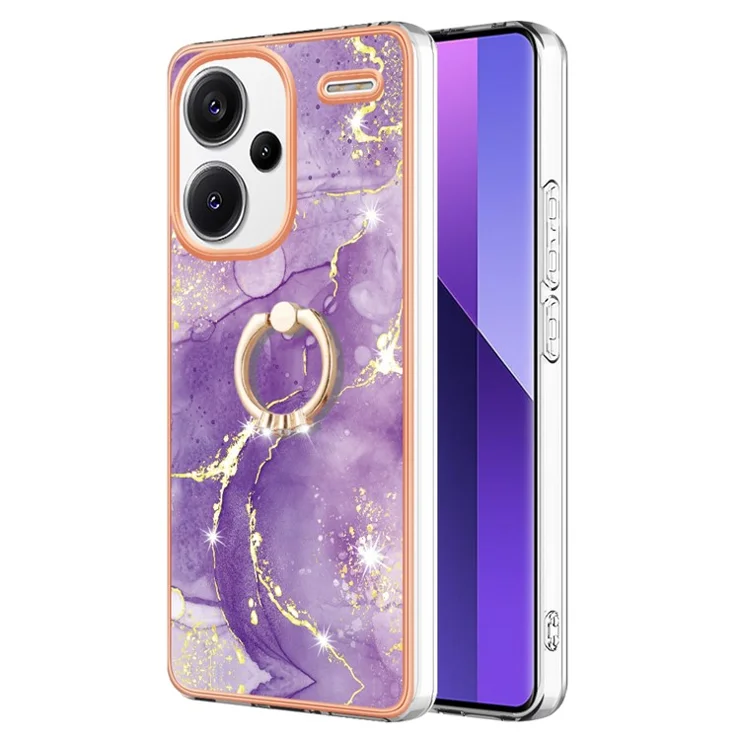 For Xiaomi Redmi Note 13 Pro+ 5G Case with Ring Kickstand Marble Pattern Electroplating TPU Back Cover - Purple 002