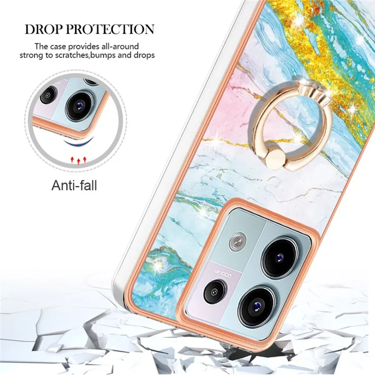 For Xiaomi Redmi Note 13 Pro 5G / Poco X6 5G Case with Ring Kickstand Marble Pattern Electroplating TPU Back Cover - Green 004