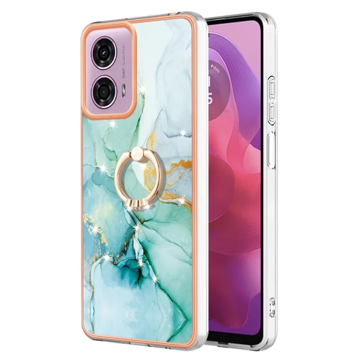 For Motorola Moto E14 4G / G04 4G / G04s 4G / G24 4G Case with Ring Kickstand Marble Pattern Electroplating TPU Back Cover - Green 003