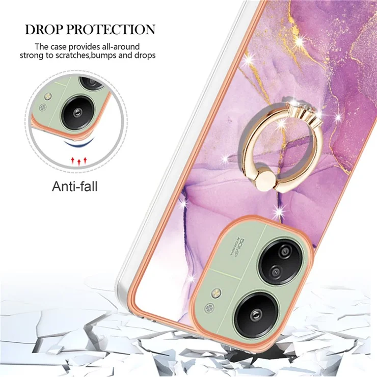 For Xiaomi Redmi 13C 4G / 13C 5G / 13R 5G / Poco M6 5G / Poco C65 4G Case with Ring Kickstand Marble Pattern TPU Back Cover - Purple 001