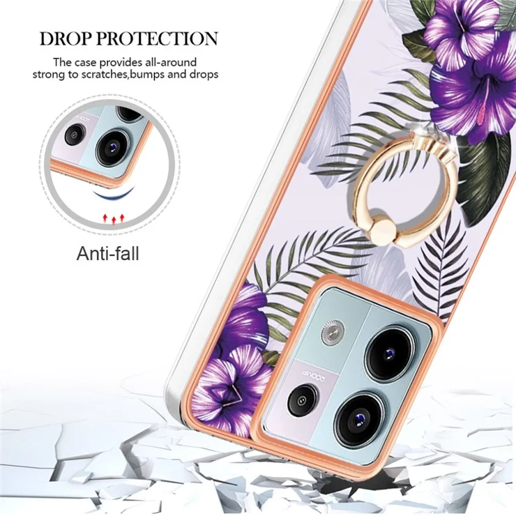 For Xiaomi Redmi Note 13 Pro 5G / Poco X6 5G Case with Ring Kickstand IMD Marble Pattern TPU Back Cover - Purple Flowers